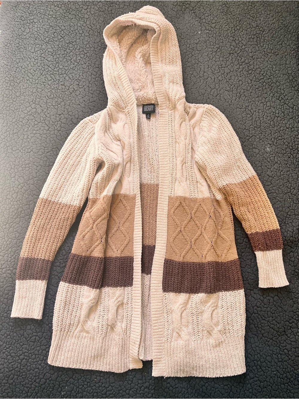 Cozy Derek Heart Hooded Cable Knit Cardigan Sweater - Neutral Colorblock
